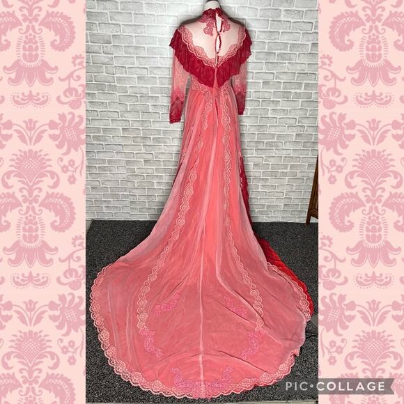 Vintage 70s Alfred Angelo Victorian illusion lace ruffle pink red wedding dress - Picture 15 of 16